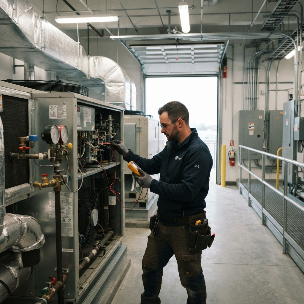 Technician inspecting commercial mechanical equipment
